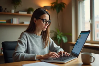 Femme accédant à distance à la plateforme CONVERGENCE Toulouse depuis son bureau à domicile