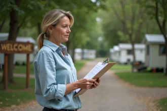 Une femme tenant un dossier examine l'entrée d'un camping familial qu'elle envisage d'acheter, en reconversion professionnelle