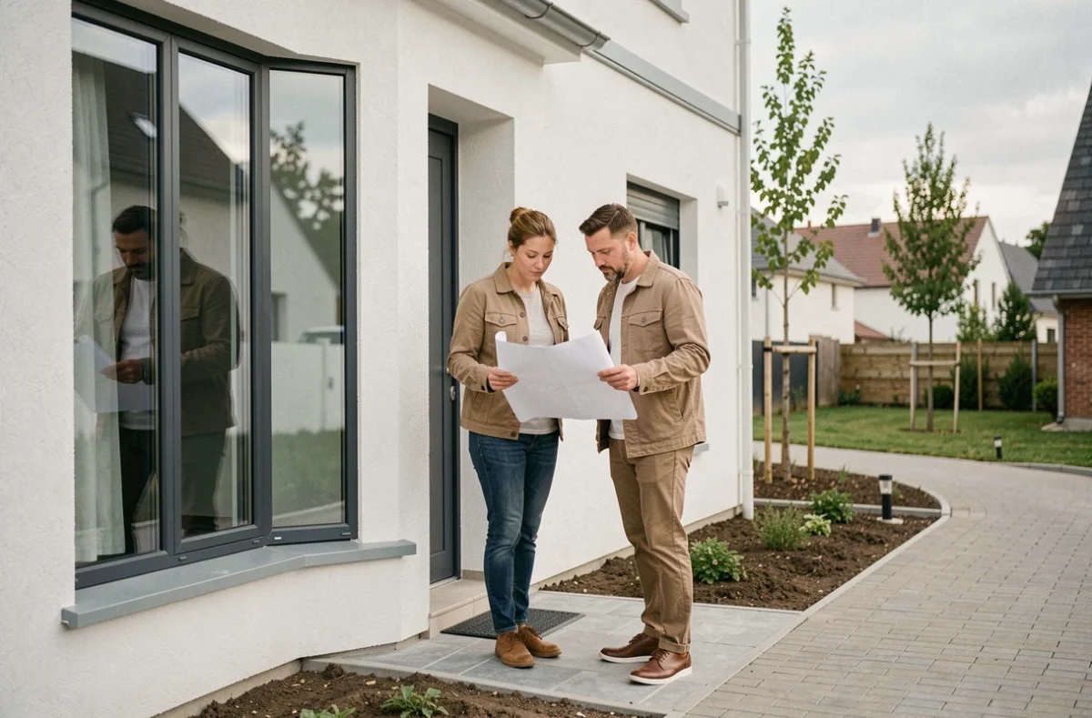Couple examinant les plans d'une maison neuve devant une construction moderne en France