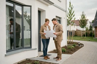 Couple examinant les plans d'une maison neuve devant une construction moderne en France