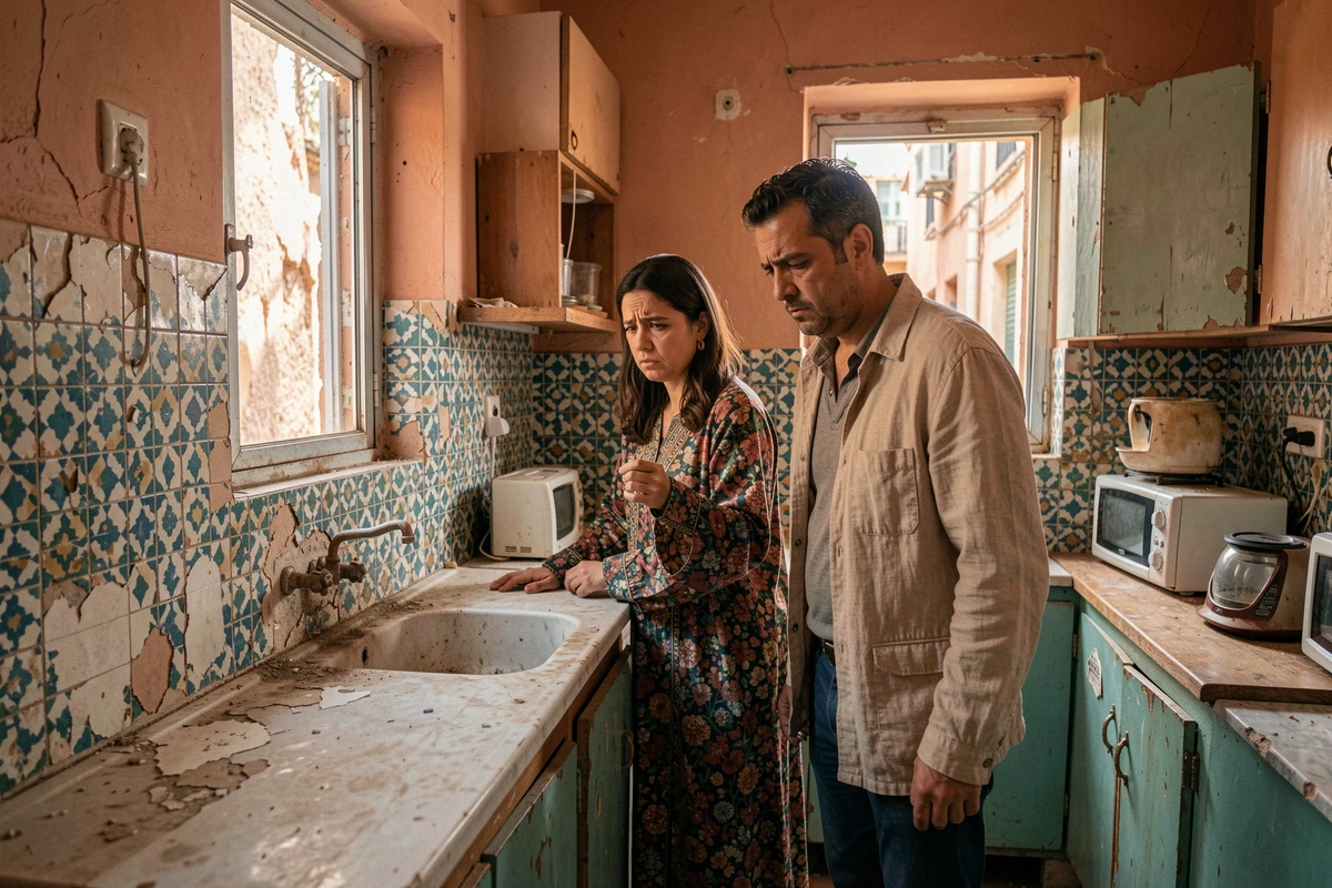 Couple d'acheteurs marocains déçus inspectant une cuisine vétuste dans un appartement à vendre à Marrakech, soulignant l'importance de la rénovation avant la vente