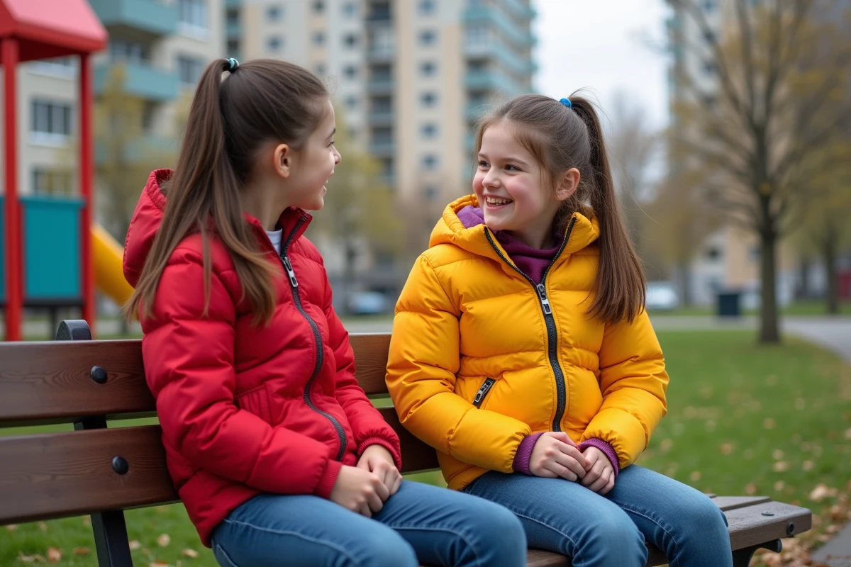 Deux adolescentes discutant sur un banc de parc dans le quartier Nord