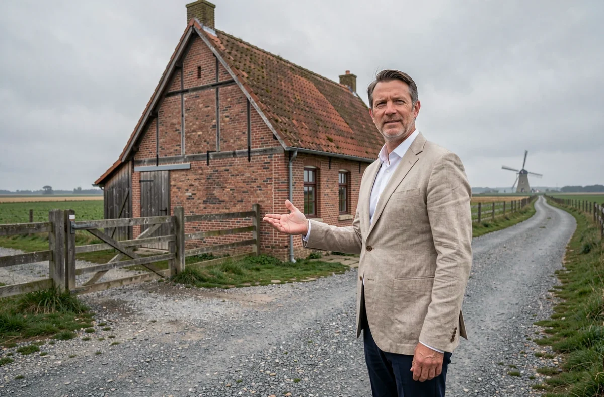 Agent de l'Agence des Flandres devant une ferme flamande typique en brique rouge dans la campagne du Nord