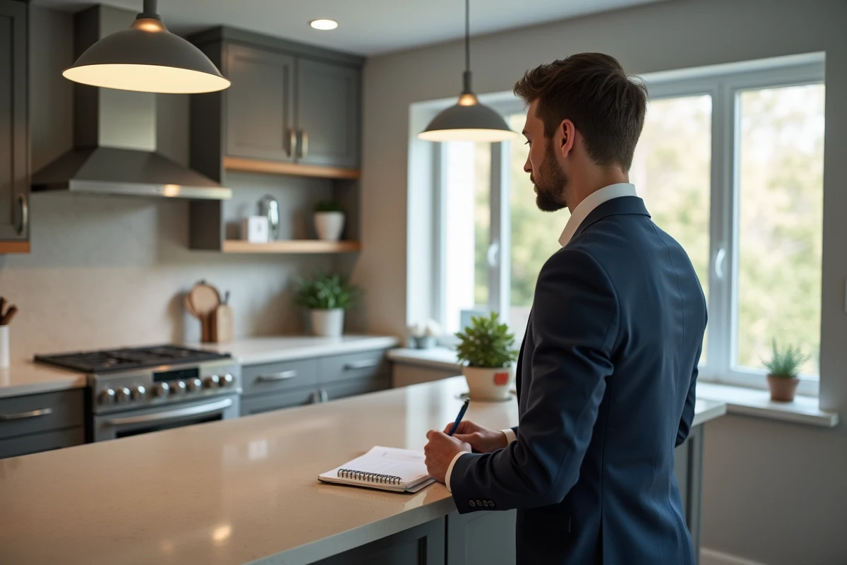 Agent immobilier inspectant une cuisine moderne et équipée