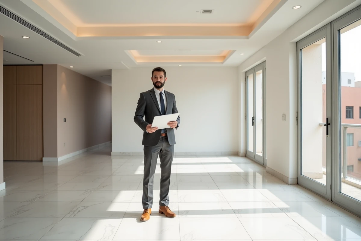 Agent immobilier présentant un appartement moderne à vendre à Guéliz sur tablette avec plan d'étage