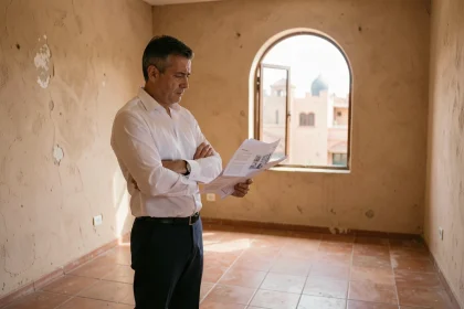 Agent immobilier marocain examinant des documents dans un appartement non rénové à Marrakech, illustrant les erreurs courantes lors d'une vente immobilière