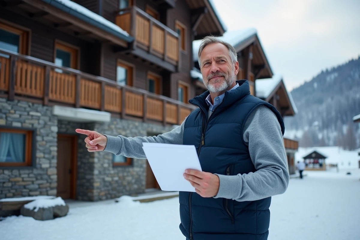 Agent immobilier présentant un appartement à vendre en station de ski aux Menuires