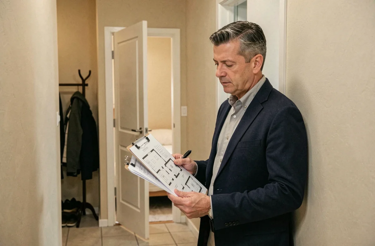 Agent immobilier examinant les plans d'un logement avec petite chambre non conforme aux normes