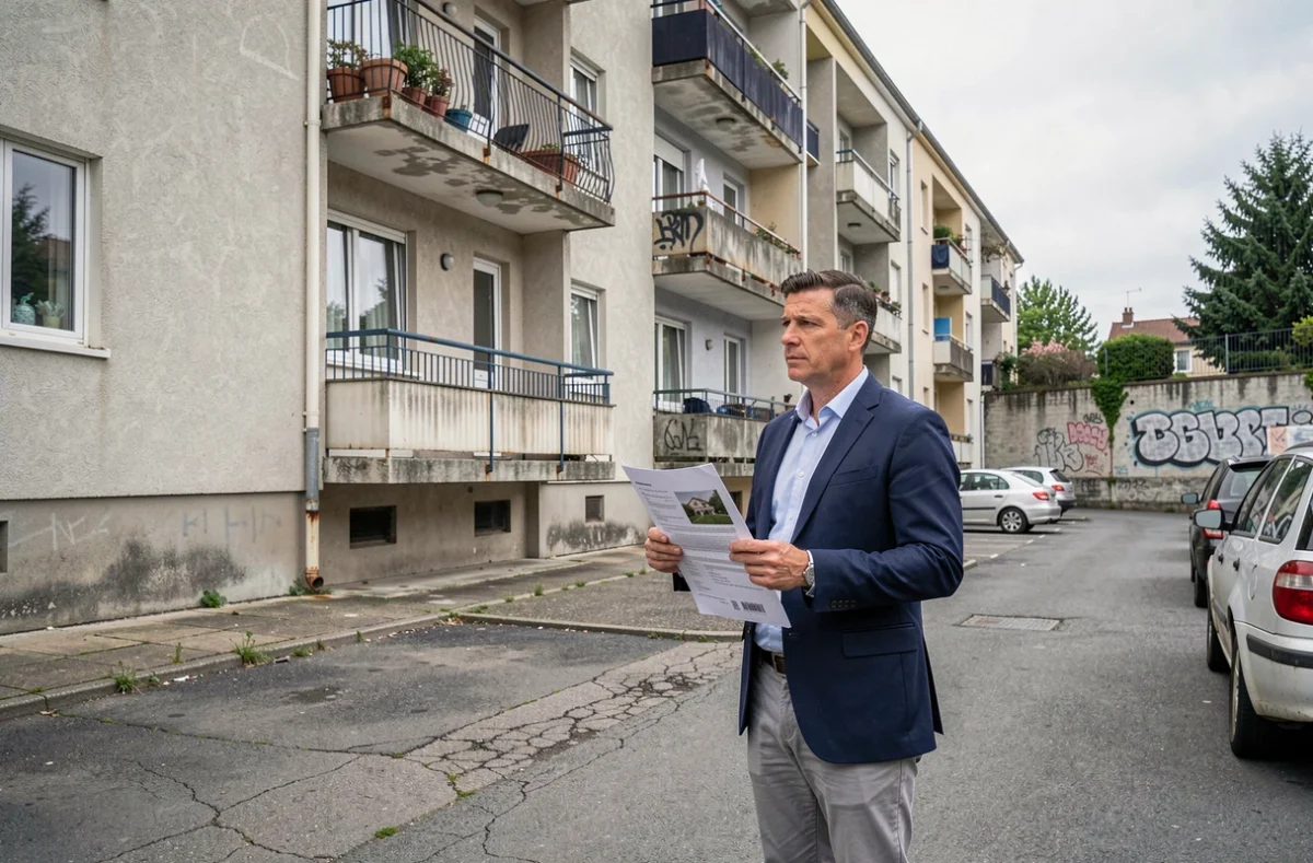 Agent immobilier analysant un immeuble résidentiel vieillissant dans un quartier sensible de Maison-Alfort