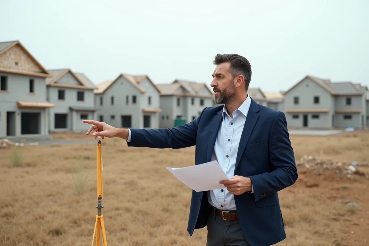 Agent immobilier tenant un document d'estimation de terrain constructible en zone périurbaine