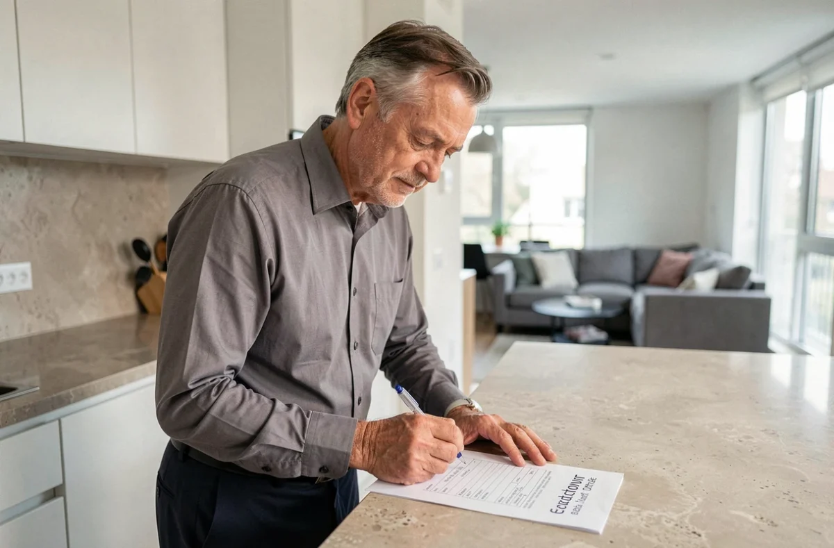 Agent immobilier remplissant un pré-état daté vierge dans un appartement à vendre