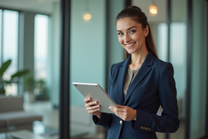 Agent immobilier confiante en costume navy souriant dans un lobby moderne