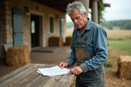 Agriculteur examinant un contrat de bail rural près d'une grange en pierre dans la campagne française