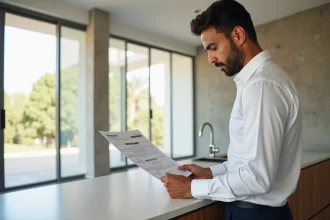 Homme consultant des documents immobiliers dans un appartement vide moderne à Guéliz, Marrakech