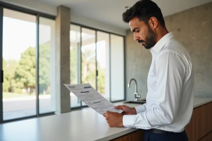 Homme consultant des documents immobiliers dans un appartement vide moderne à Guéliz, Marrakech
