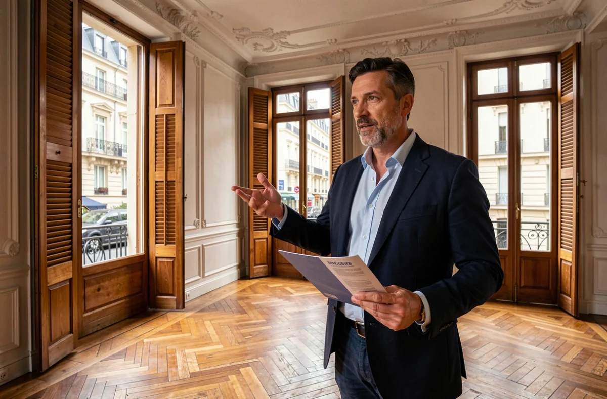 Agent immobilier présentant un appartement ancien de style haussmannien avec parquet et moulures