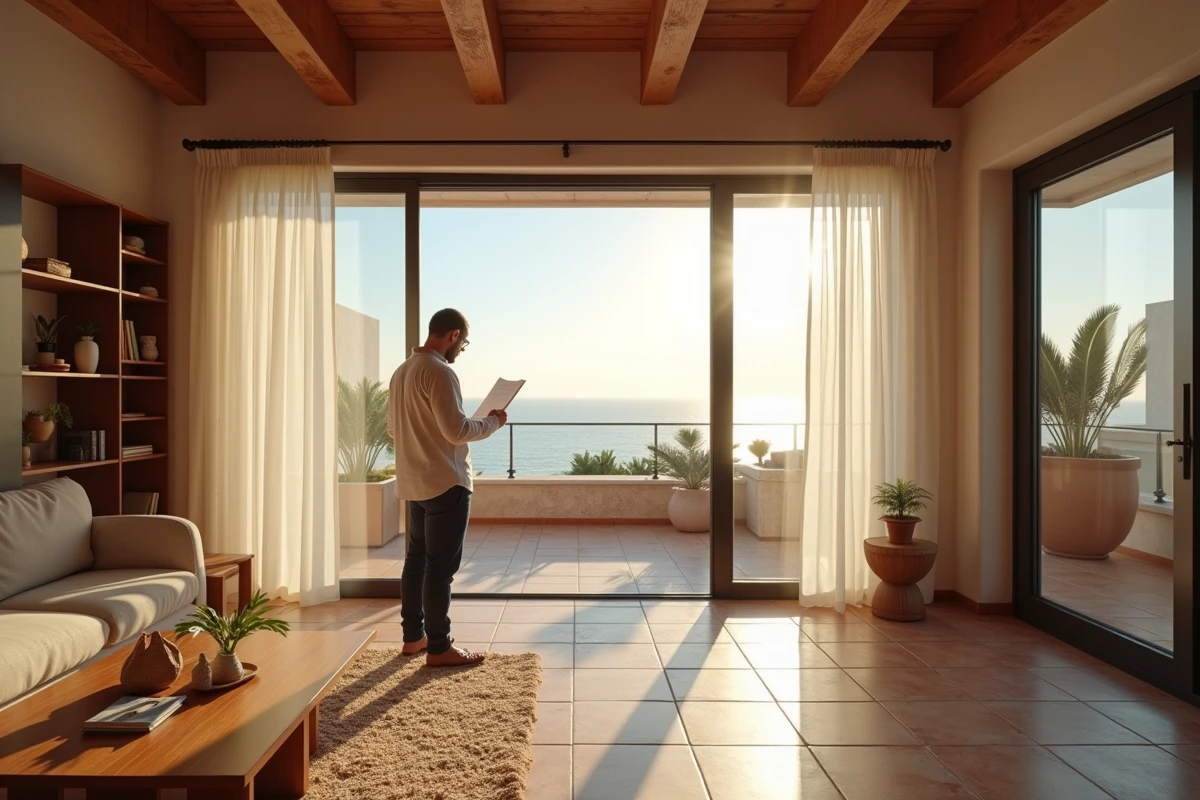 Homme consultant un contrat de location longue durée dans un appartement meublé avec vue sur mer au Maroc