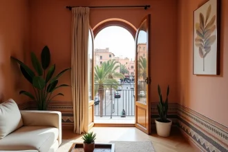 Salon d'un appartement moderne à vendre à Guéliz Marrakech avec vue sur la rue et le tramway