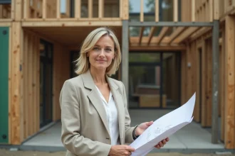 Architecte féminine examinant des plans sur un chantier de construction immobilière durable avec matériaux écologiques