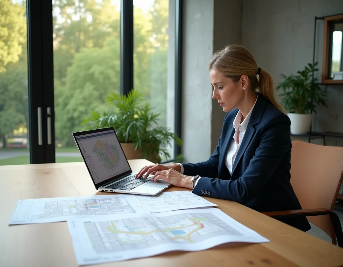 Architecte féminine examinant des cartes de zonage et documents juridiques pour un projet de construction en zone naturelle