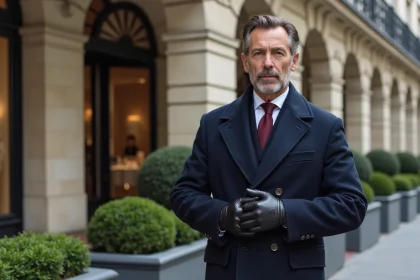 Homme élégant devant un immeuble haussmannien dans un arrondissement chic de Paris, illustrant la richesse et le patrimoine architectural parisien