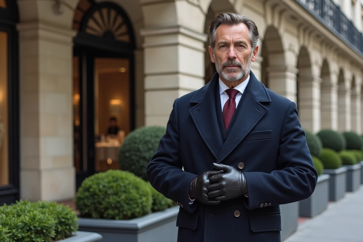 Homme élégant devant un immeuble haussmannien dans un arrondissement chic de Paris, illustrant la richesse et le patrimoine architectural parisien
