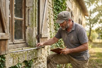 Artisan mesurant le cadre en pierre d'une ancienne fenêtre en bois sur une façade de maison ancienne en milieu rural