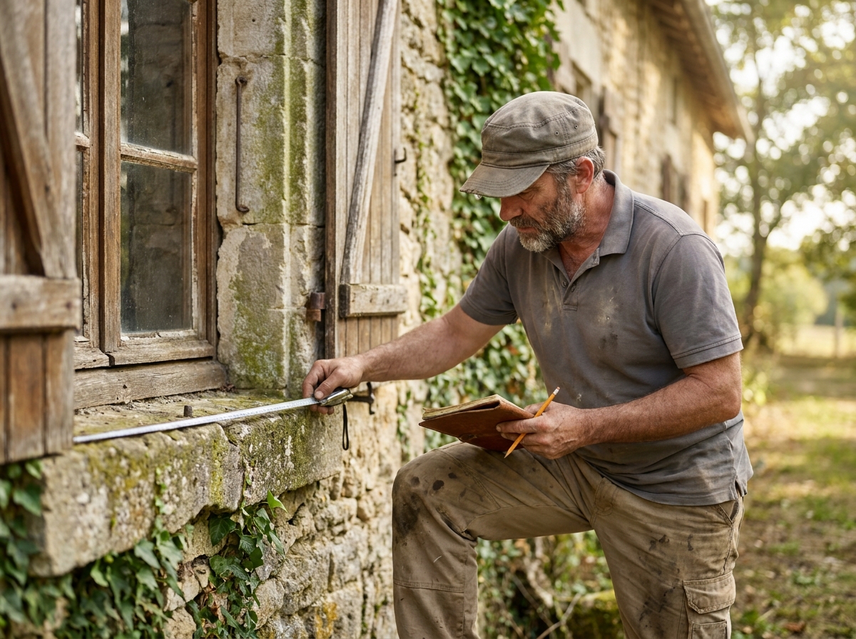 Artisan mesurant le cadre en pierre d'une ancienne fenêtre en bois sur une façade de maison ancienne en milieu rural