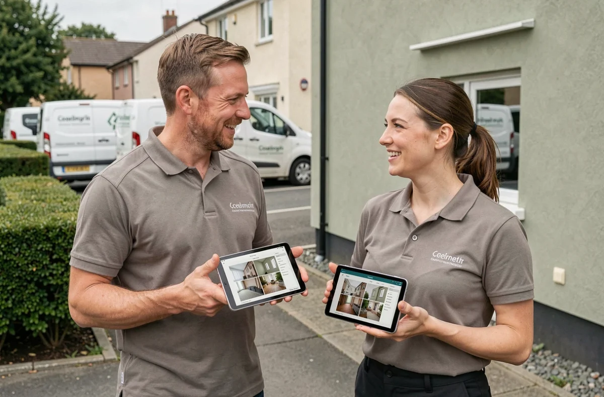 Deux associés dans le secteur des travaux devant un chantier terminé avec tablette de gestion de projet
