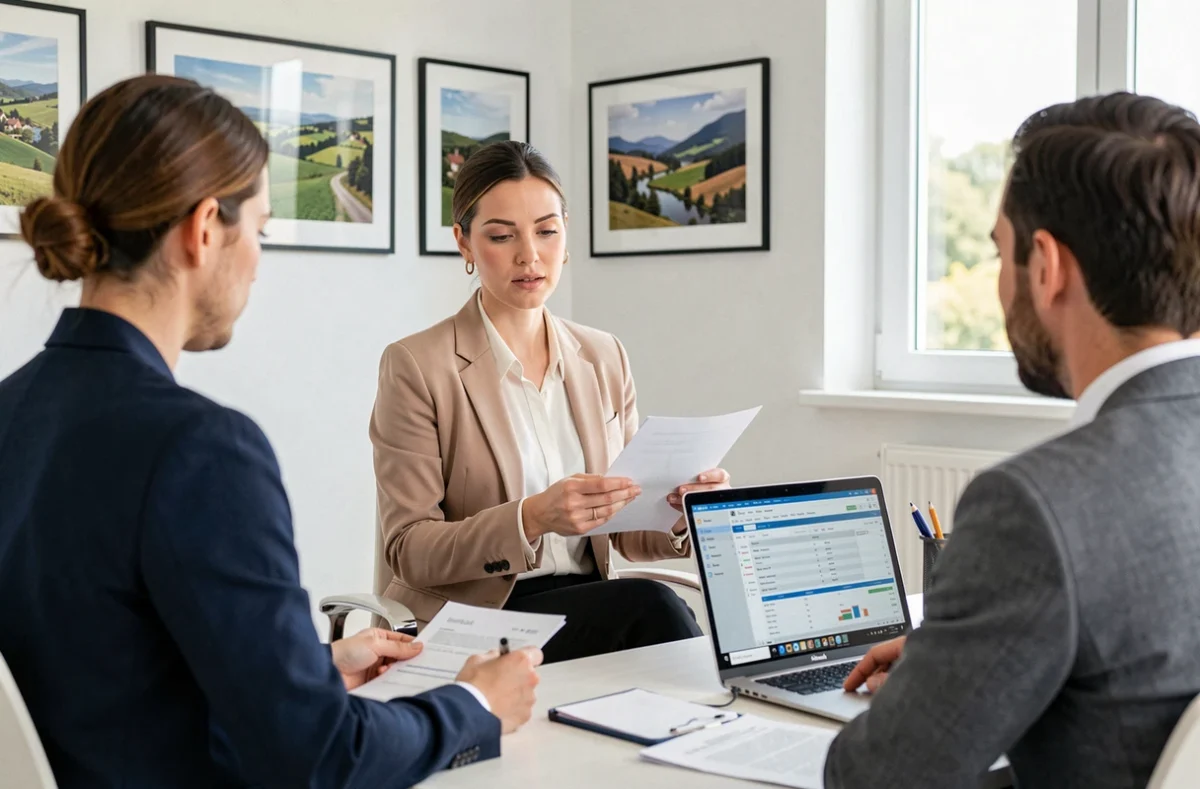 Conseillère financière Avicap Crolles en rendez-vous avec un couple pour une demande de prêt immobilier dans un bureau de l'Isère
