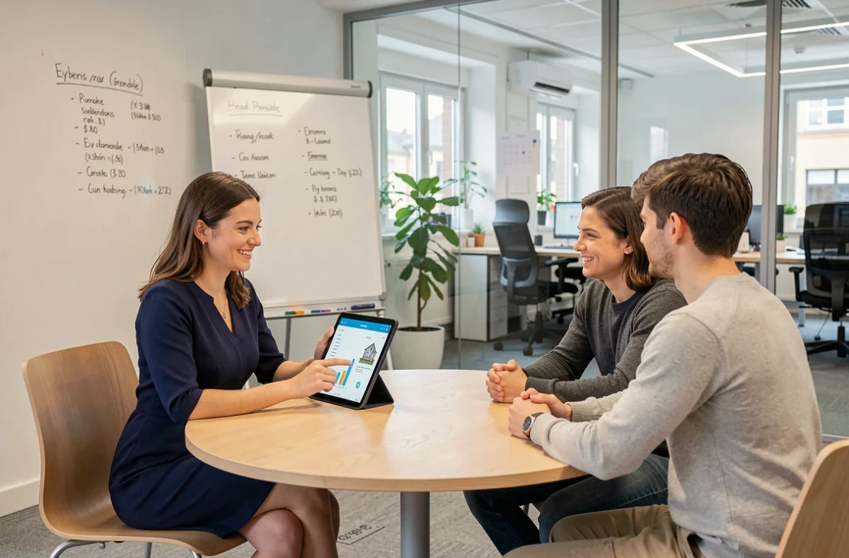 Consultante en prêt immobilier Avicap Eybens présentant une simulation de financement sur tablette à un jeune couple dans un bureau d'Eybens