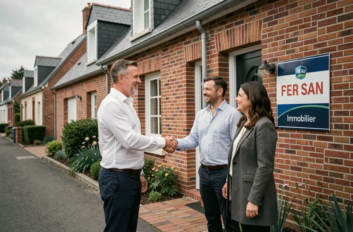 Agent de Bressan Immobilier serrant la main d'un couple devant une maison à vendre dans le Nord