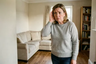 Femme écoutant les bruits à travers le mur mitoyen d'une maison mitoyenne, illustrant les nuisances sonores entre voisins