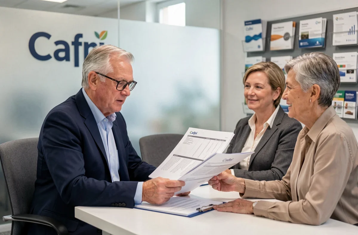 Conseiller senior Cafpi en train d'examiner un dossier de prêt immobilier avec un couple dans une agence Cafpi professionnelle