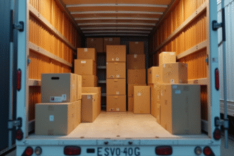 Intérieur d'un camion de déménagement avec meubles et cartons rangés