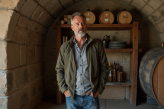 Homme d'âge moyen dans une cave organisée et fonctionnelle