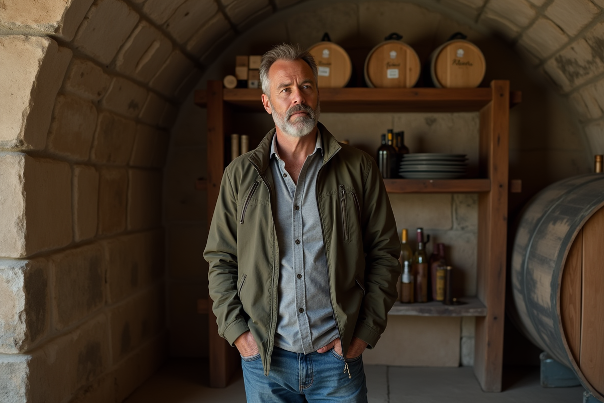 Homme d'âge moyen dans une cave organisée et fonctionnelle