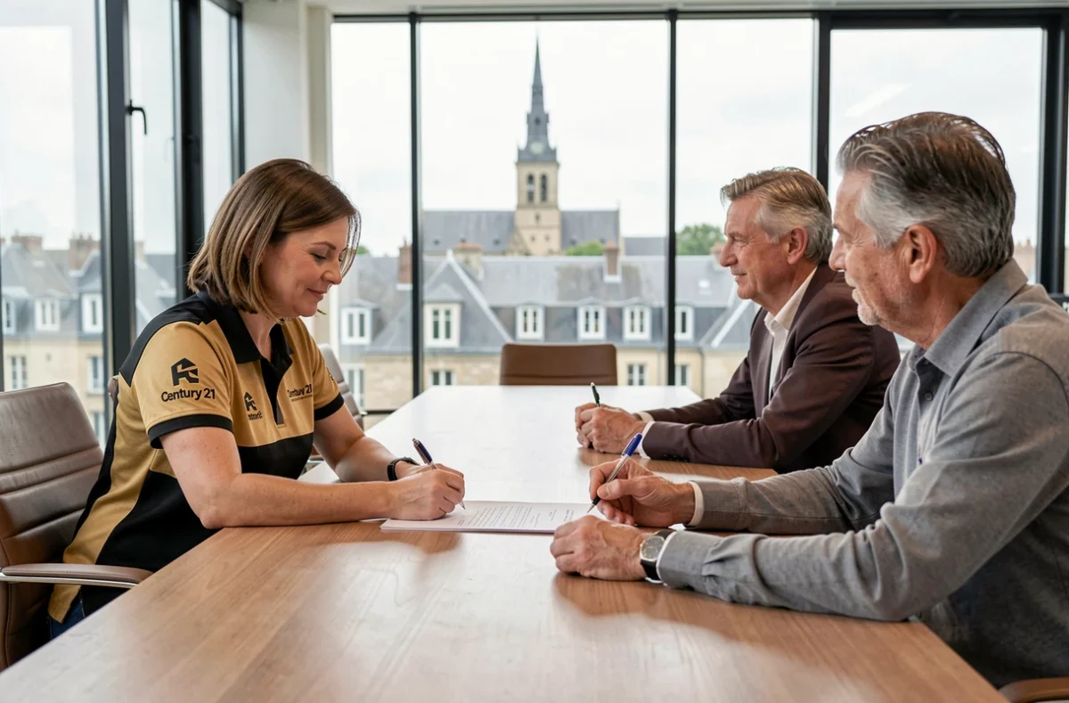 Agente Century 21 en réunion avec des clients dans les bureaux d'Amiens avec vue sur la cathédrale