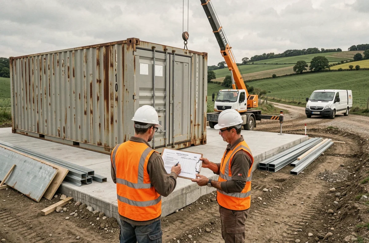 Chantier de construction d'une maison container en milieu rural, ouvriers consultant un devis détaillé devant un container posé sur dalle béton par une grue