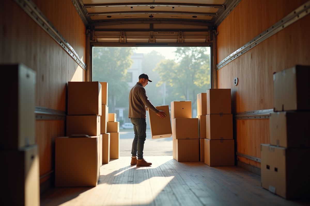 Personne chargeant des cartons dans un grand camion de déménagement
