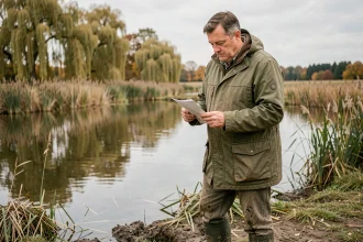 Chasseur examinant un titre de propriété au bord d'un étang privé en France à l'automne