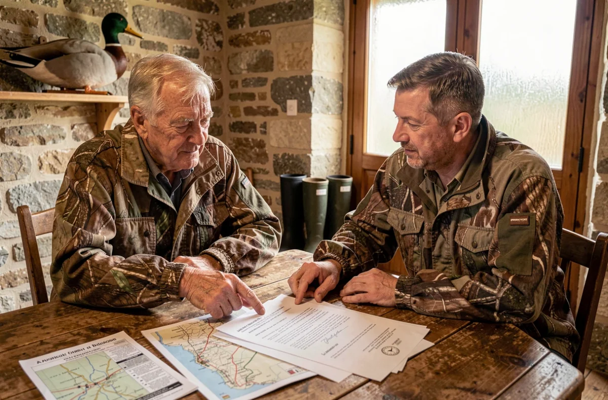 Deux chasseurs étudiant un acte notarié d'achat d'étang et la réglementation de chasse dans un pavillon de chasse rustique