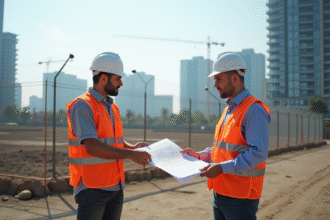 Chef de chantier avec architecte devant terrain vide en ville