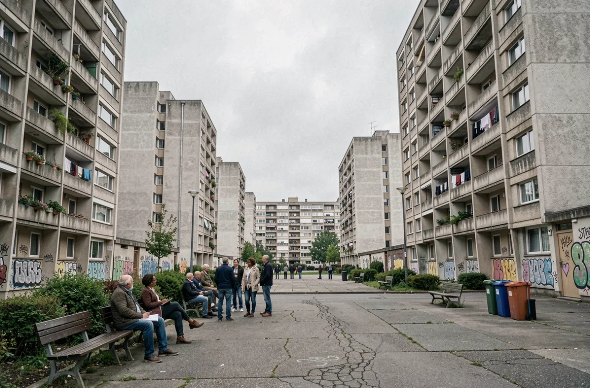 Vue large de la cité Pablo Picasso à Nanterre avec tours de logements sociaux en béton et habitants dans l'espace public