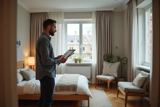 Propriétaire d'un meublé de tourisme étudiant la rentabilité de sa location courte durée face à un écran d'ordinateur portable