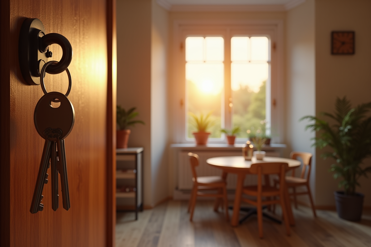 Clés suspendues à une porte dans un appartement lumineux et cosy