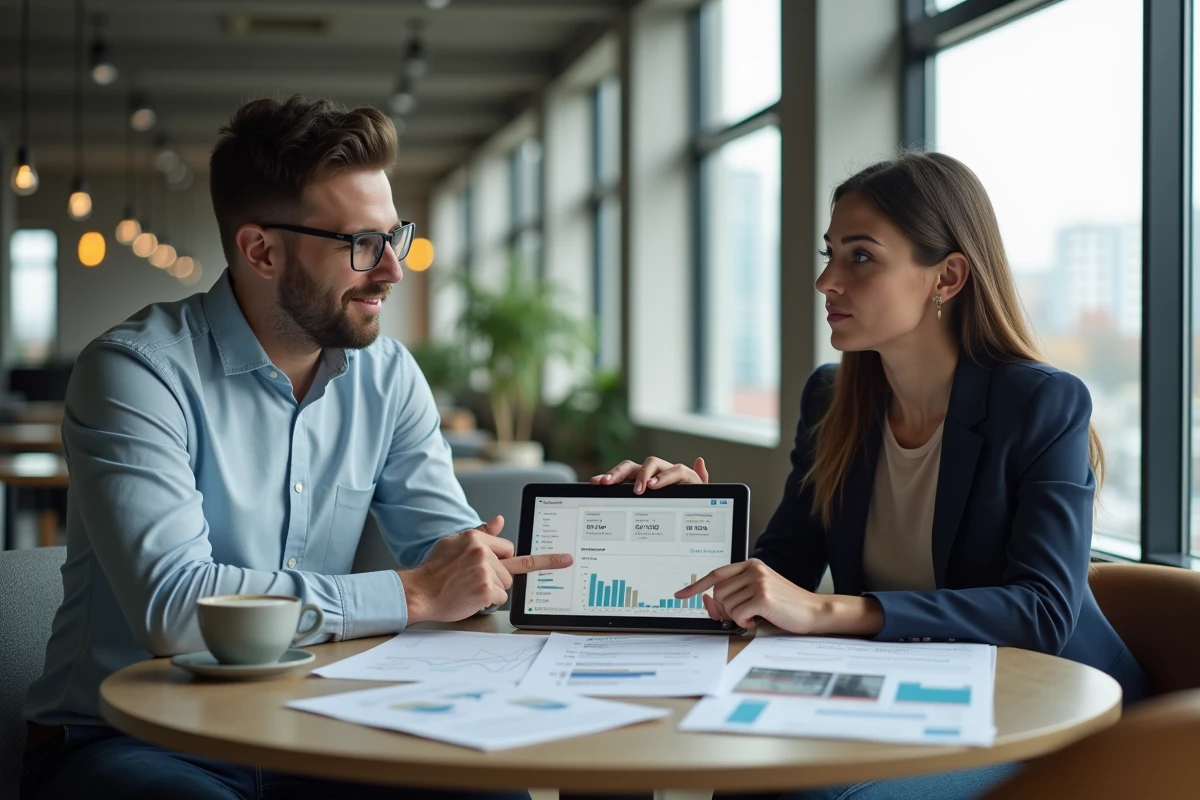 Deux professionnels de l'immobilier comparant des alternatives de gestion locative sur tablette et documents imprimés