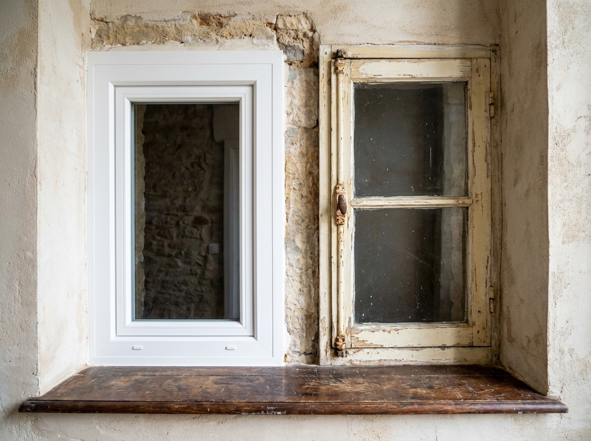 Comparaison entre une fenêtre PVC double vitrage moderne et une fenêtre en bois ancienne installées côte à côte dans une maison rénovée