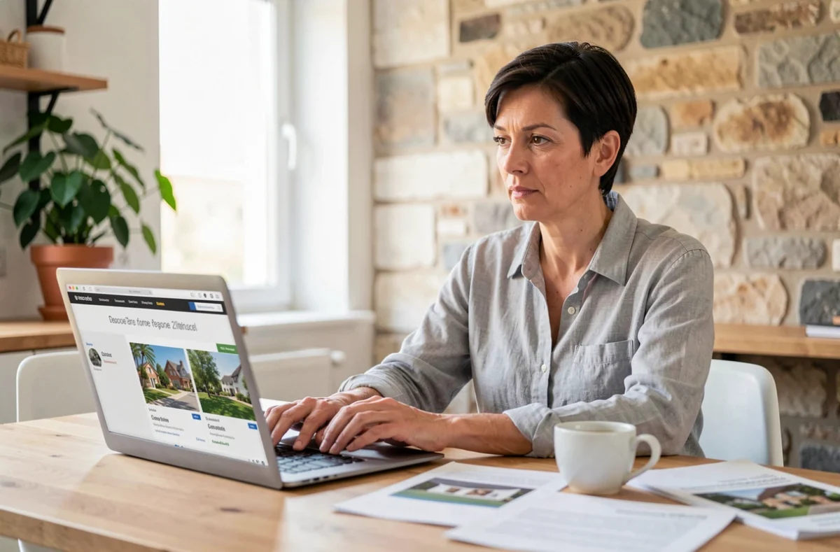 Femme comparant des biens immobiliers neufs et anciens sur un site internet spécialisé