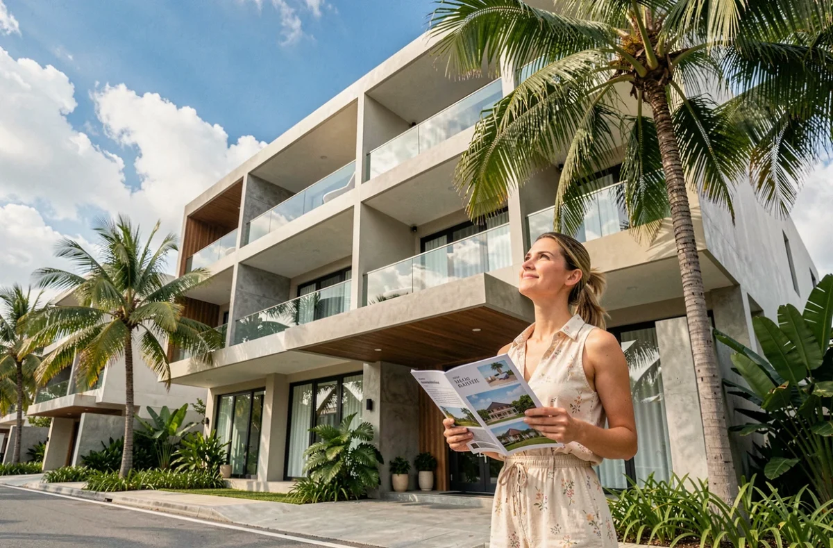 Une femme européenne devant un condominium moderne en Thaïlande tenant une brochure immobilière lors d'une visite de projet